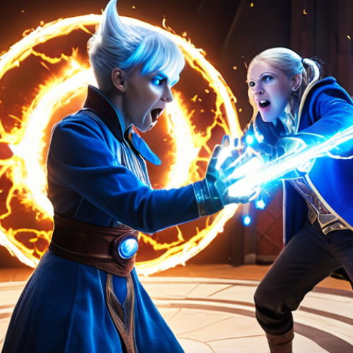 Home 4 **
A dynamic action shot of a female character, Trixie-esque with electric powers, mid-combo. She's 'Blinking' behind a surprised-looking male character (mage archetype) and about to unleash a 'Shock Therapy' attack. Sparks are flying, and the background suggests a practice arena. Focus on the character's intense focus and the vulnerability of the target. The style should be vibrant and energetic, like a comic book panel.
**