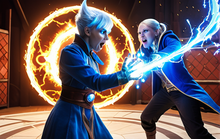 **
A dynamic action shot of a female character, Trixie-esque with electric powers, mid-combo. She's 'Blinking' behind a surprised-looking male character (mage archetype) and about to unleash a 'Shock Therapy' attack. Sparks are flying, and the background suggests a practice arena. Focus on the character's intense focus and the vulnerability of the target. The style should be vibrant and energetic, like a comic book panel.
**