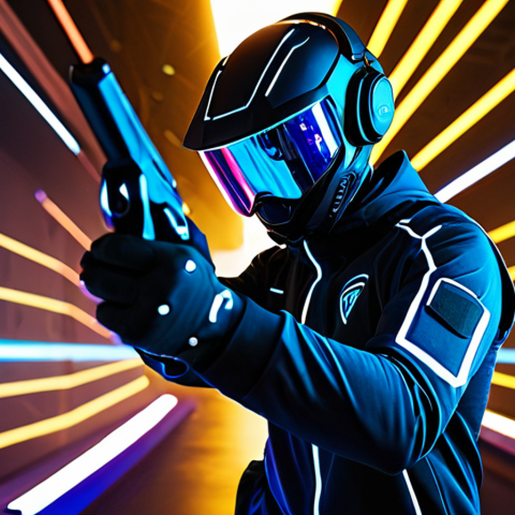 A focused professional gamer in a modest, high-tech esports suit, fully clothed with appropriate attire, in a dynamic and natural pose. They are demonstrating advanced movement and precise aiming within a vibrant, non-violent virtual training arena. The background features futuristic, abstract light patterns and clean holographic displays, emphasizing a strategic, competitive environment. Perfect anatomy, correct proportions, well-formed hands, proper finger count. Professional photography style, high quality, appropriate content, safe for work, family-friendly.