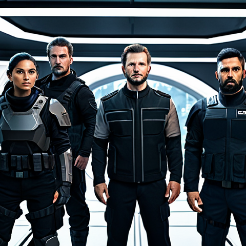 A diverse team of five professional-looking, fully clothed game characters, dressed in modern, sleek, and modest tactical uniforms, standing united within a futuristic, grand battle arena. The environment is imbued with dynamic lighting and atmospheric effects that subtly evoke the intensity of adaptive soundscapes, suggesting a moment of high tension and strategic depth. Characters display focused and determined expressions, poised for a crucial team engagement. The image features professional photography, high-resolution details, and a cinematic composition. safe for work, appropriate content, fully clothed, professional, perfect anatomy, correct proportions, natural pose, well-formed hands, proper finger count, natural body proportions.