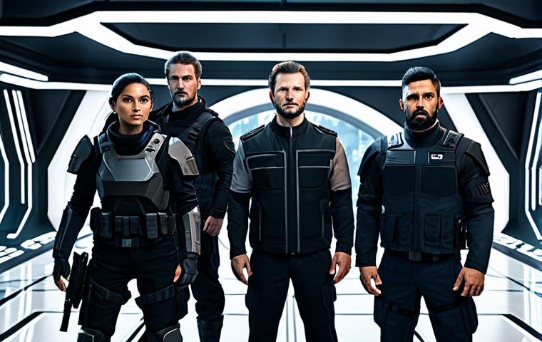 A diverse team of five professional-looking, fully clothed game characters, dressed in modern, sleek, and modest tactical uniforms, standing united within a futuristic, grand battle arena. The environment is imbued with dynamic lighting and atmospheric effects that subtly evoke the intensity of adaptive soundscapes, suggesting a moment of high tension and strategic depth. Characters display focused and determined expressions, poised for a crucial team engagement. The image features professional photography, high-resolution details, and a cinematic composition. safe for work, appropriate content, fully clothed, professional, perfect anatomy, correct proportions, natural pose, well-formed hands, proper finger count, natural body proportions.