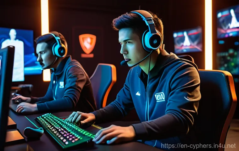 사이퍼즈 팀원과 소통하는 법 - **Prompt:** A diverse group of five professional esports players, two women and three men of various...