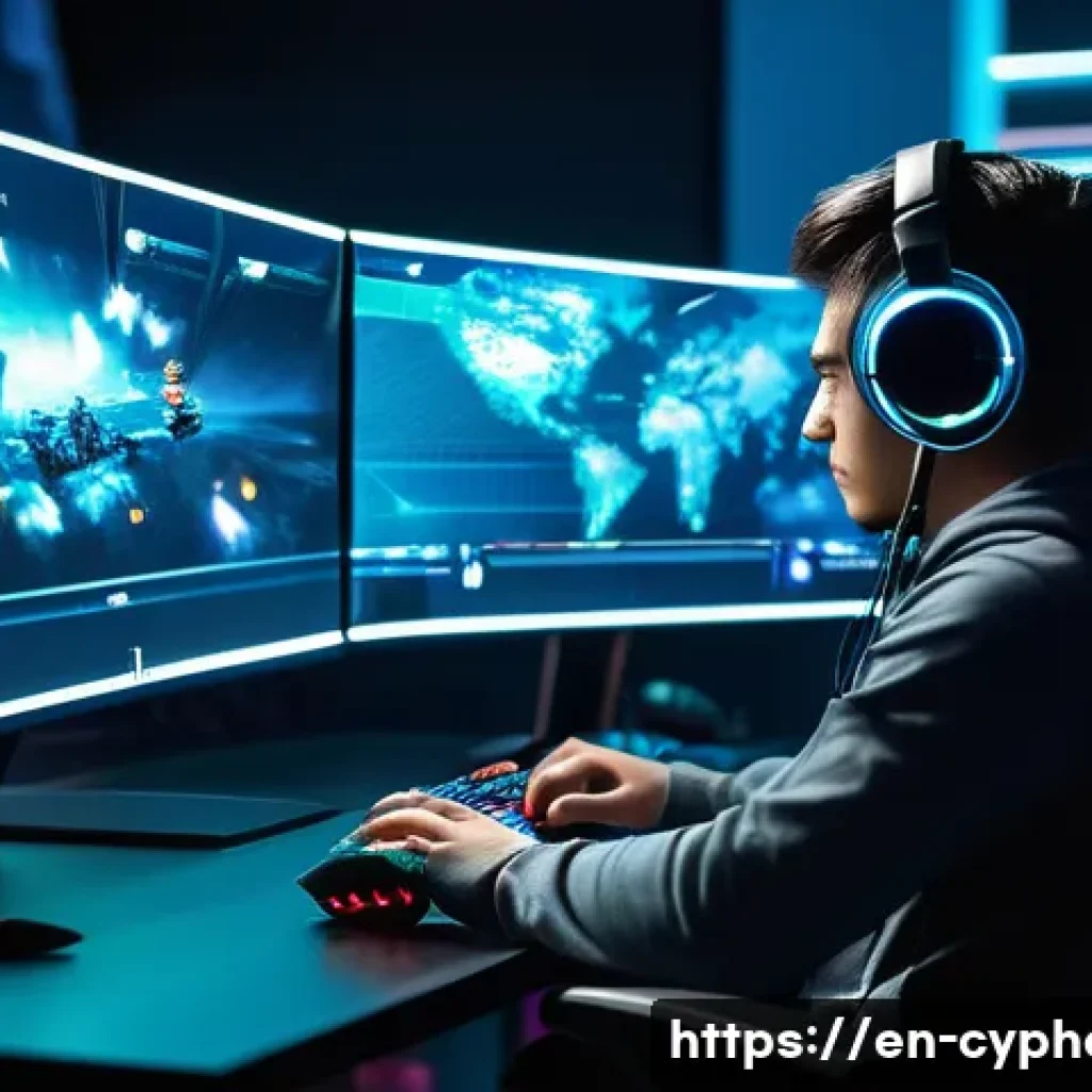 사이퍼즈 공략 유튜브 추천 - A dynamic esports scene featuring a skilled gamer intensely focused on a high-tech gaming setup with...