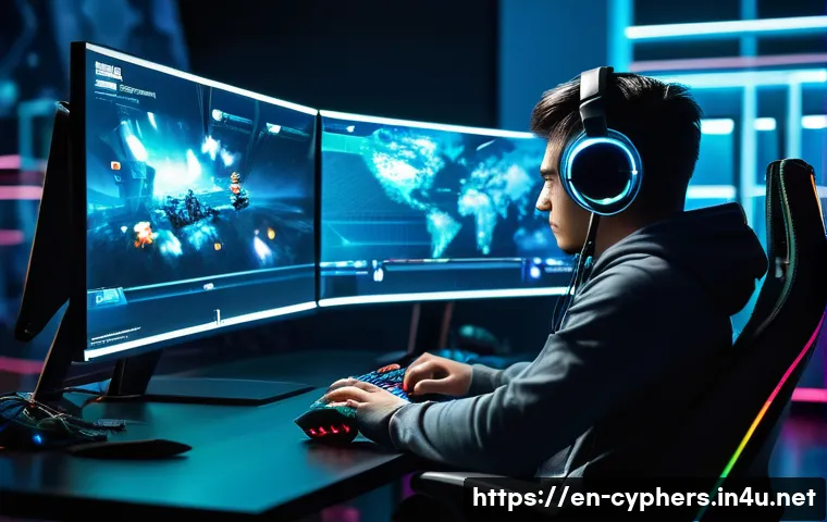 사이퍼즈 공략 유튜브 추천 - A dynamic esports scene featuring a skilled gamer intensely focused on a high-tech gaming setup with...