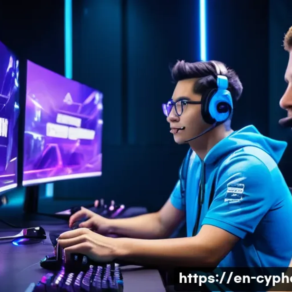 사이퍼즈 리그 포인트 관리법 - A dynamic esports arena scene featuring a focused, diverse team of five competitive gamers in casual...