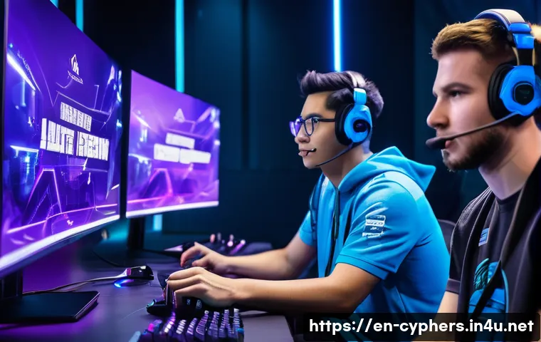 사이퍼즈 리그 포인트 관리법 - A dynamic esports arena scene featuring a focused, diverse team of five competitive gamers in casual...