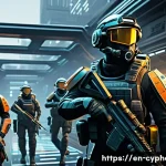 사이퍼즈 공성전 전략 - A dynamic, high-detail scene of a tactical team holding a central corridor in a futuristic Siege Mod...