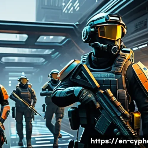 사이퍼즈 공성전 전략 - A dynamic, high-detail scene of a tactical team holding a central corridor in a futuristic Siege Mod...
