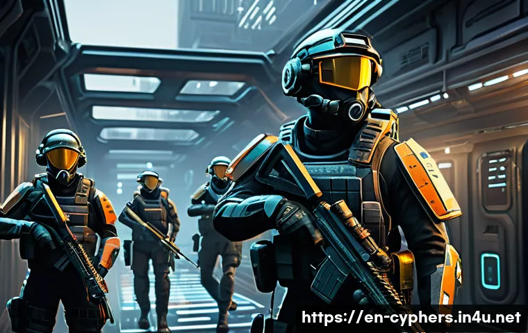 사이퍼즈 공성전 전략 - A dynamic, high-detail scene of a tactical team holding a central corridor in a futuristic Siege Mod...