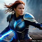 사이퍼즈 버프와 디버프 이해 - A dynamic fantasy battle scene showing a heroic female warrior clad in detailed leather armor, activ...