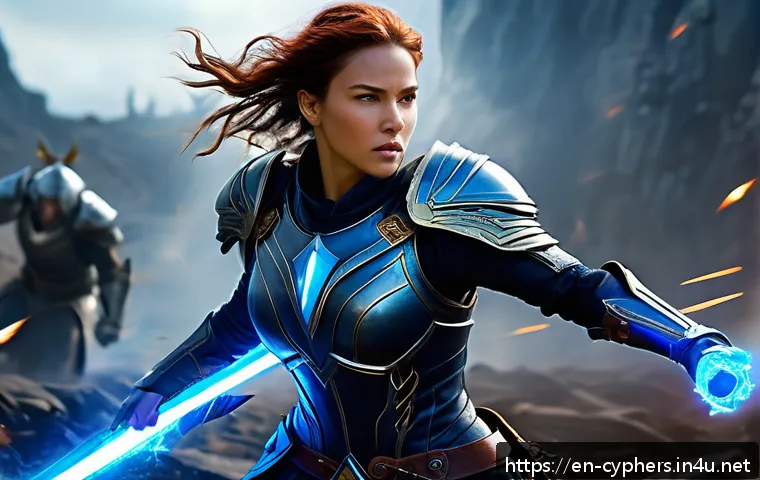 사이퍼즈 버프와 디버프 이해 - A dynamic fantasy battle scene showing a heroic female warrior clad in detailed leather armor, activ...