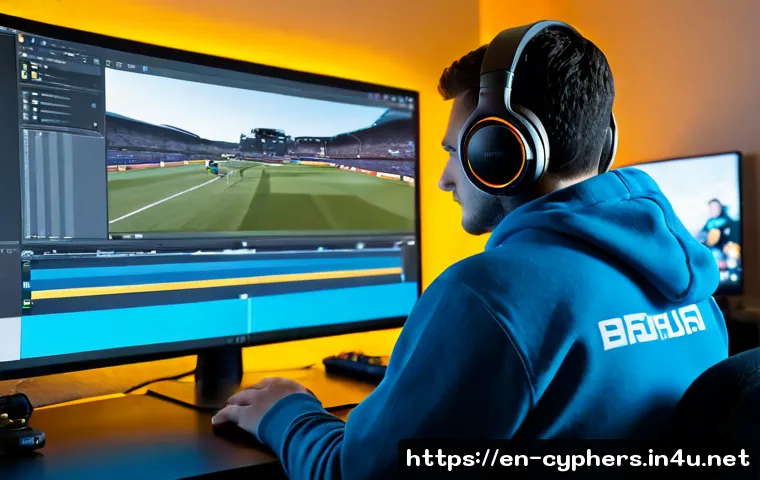 Home 17 사이퍼즈 플레이 영상 제작 팁 - Photorealistic home gaming studio, focused adult content creator wearing casual hoodie and over-ear ...