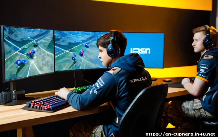 Home 17 사이퍼즈 추천 클래스 조합 - Photorealistic esports strategy scene, four diverse young adult teammates gathered around a clean ga...