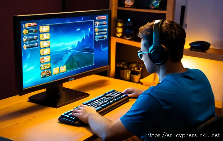 사이퍼즈 게임 내 화폐 사용법 - Photorealistic gaming desk scene, adult player using a keyboard and mouse while a widescreen monitor...
